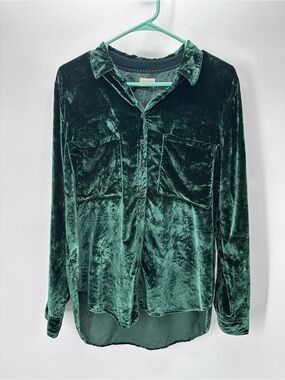 Dark Green Velvet Button-Up Hadley Pilcro Top by Anthropologie